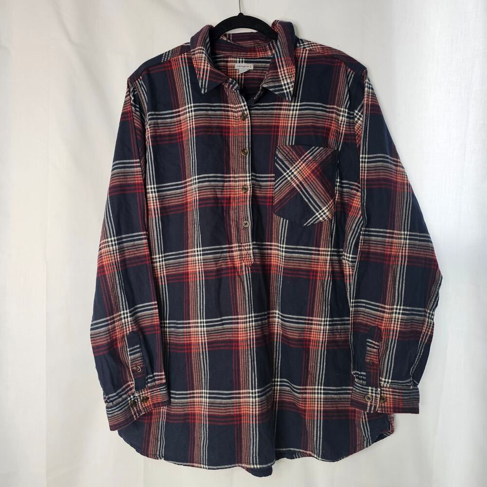 Carhartt Womens Sz XXL  Navy Farwell Plaid Flannel Shirt 1/2 Button Long Sleeve